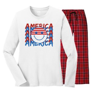 4th Of July Festive Holiday Smiley Face Women's Long Sleeve Flannel Pajama Set 