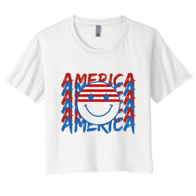 4th Of July Festive Holiday Smiley Face Crop Top