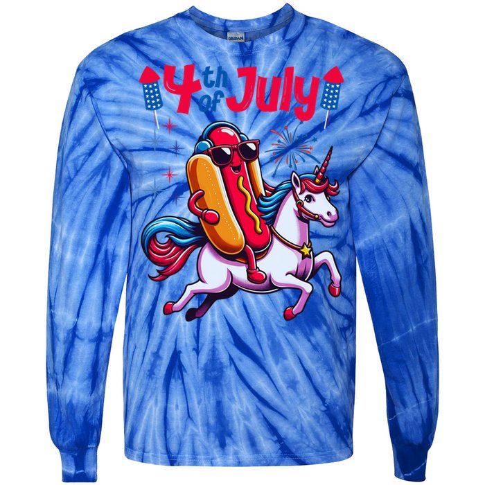 4th Of July Hotdog Unicorn Patriotic American Flag Great Gift Tie-Dye Long Sleeve Shirt