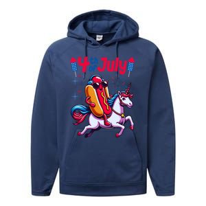 4th Of July Hotdog Unicorn Patriotic American Flag Great Gift Performance Fleece Hoodie