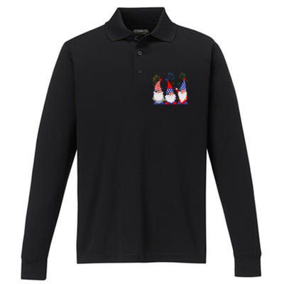 4th Of July Gnomes Patriotic American Flag Cute Gnome Performance Long Sleeve Polo