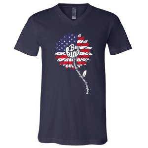 4th Of July Be Kind Sunflower Red White And Blue V-Neck T-Shirt