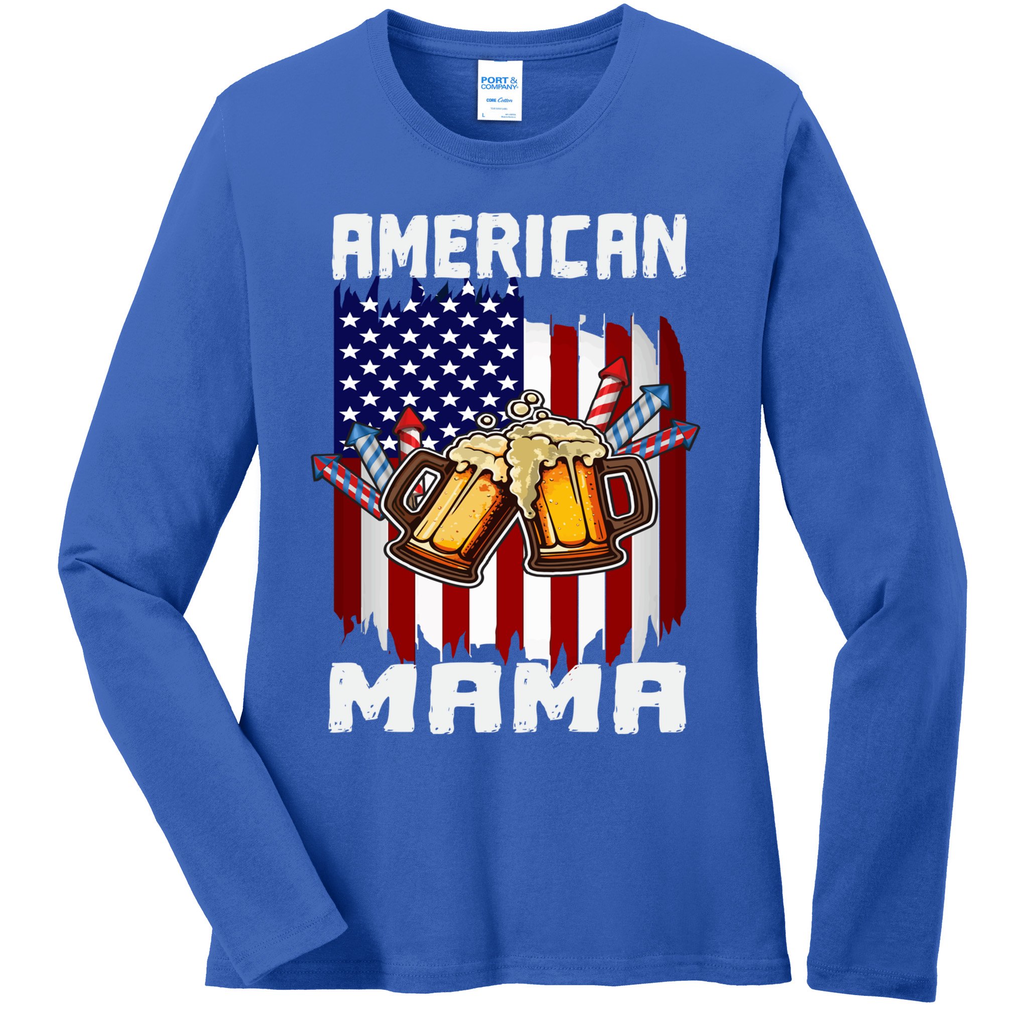 4th Of July Proud American Mama Us Flag Pride Fireworks Gift Ladies Long Sleeve Shirt