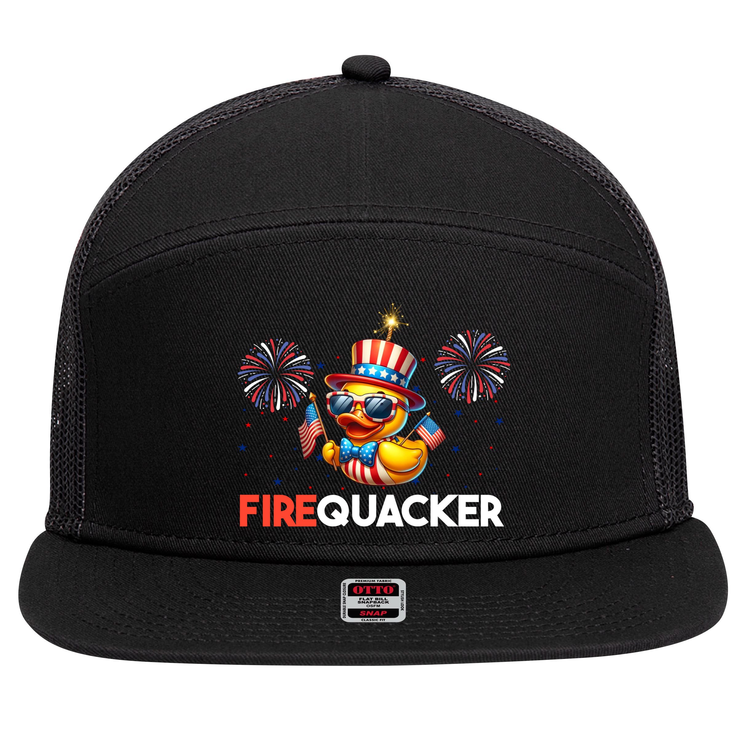 4th Of July Cute Duck Firequacker Patriotic Funny 7 Panel Mesh Trucker Snapback Hat