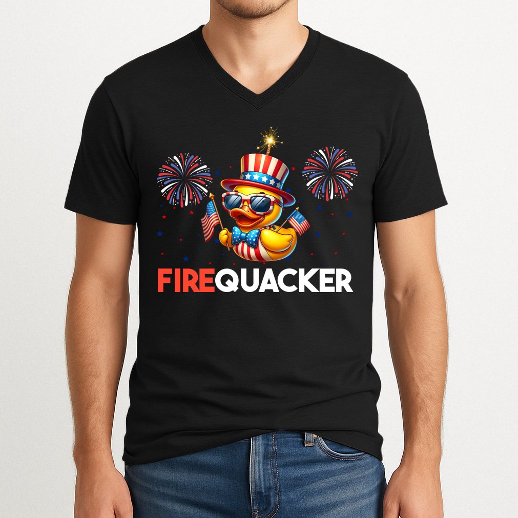 4th Of July Cute Duck Firequacker Patriotic Funny V-Neck T-Shirt