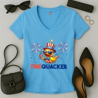 4th Of July Cute Duck Firequacker Patriotic Funny Women's V-Neck T-Shirt