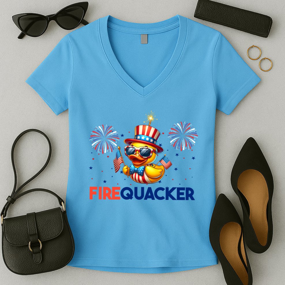 4th Of July Cute Duck Firequacker Patriotic Funny Women's V-Neck T-Shirt