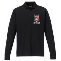 4th Of July Meowica American Flag Cat Performance Long Sleeve Polo