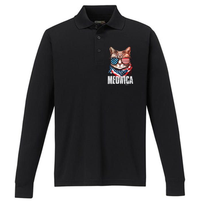 4th Of July Meowica American Flag Cat Performance Long Sleeve Polo