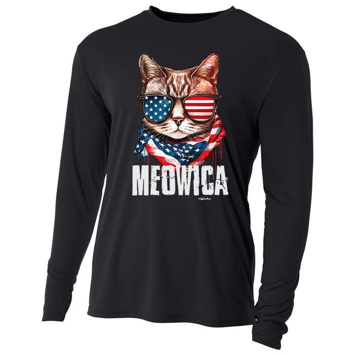 4th Of July Meowica American Flag Cat Cooling Performance Long Sleeve Crew