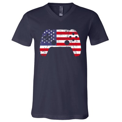 4th Of July Video Game Gamer Boy USA Flag V-Neck T-Shirt