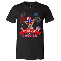 4th Of July Decor Patriotic Chihuahua Dog USA V-Neck T-Shirt