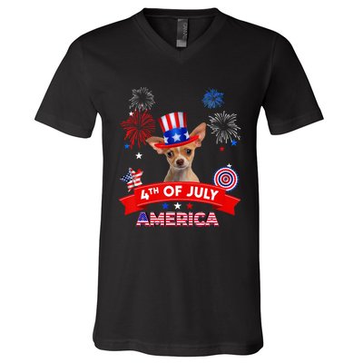 4th Of July Decor Patriotic Chihuahua Dog USA V-Neck T-Shirt