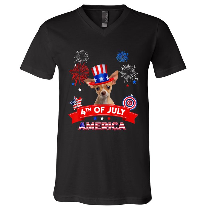 4th Of July Decor Patriotic Chihuahua Dog USA V-Neck T-Shirt