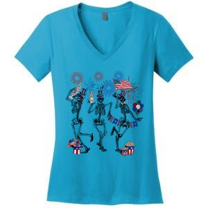 4th Of July Skellies Dancing Skeleton American Flag Great Gift Women's V-Neck T-Shirt