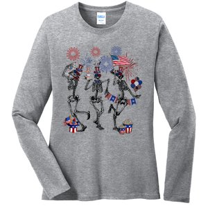 4th Of July Skellies Dancing Skeleton American Flag Great Gift Ladies Long Sleeve Shirt