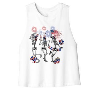 4th Of July Skellies Dancing Skeleton American Flag Great Gift Women's Racerback Cropped Tank