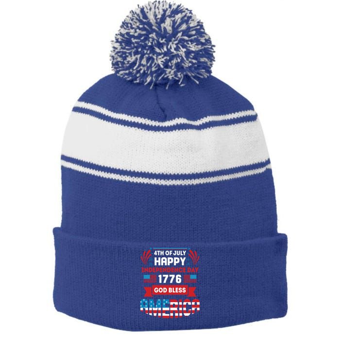 4th Of July Happy Independence Day 1776 God Bless America Gift Stripe Pom Pom Beanie