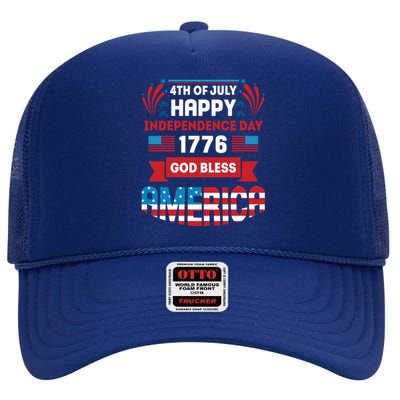 4th Of July Happy Independence Day 1776 God Bless America Gift High Crown Mesh Back Trucker Hat