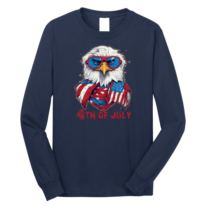 4th Of July Bald Eagle With American Flag Long Sleeve Shirt