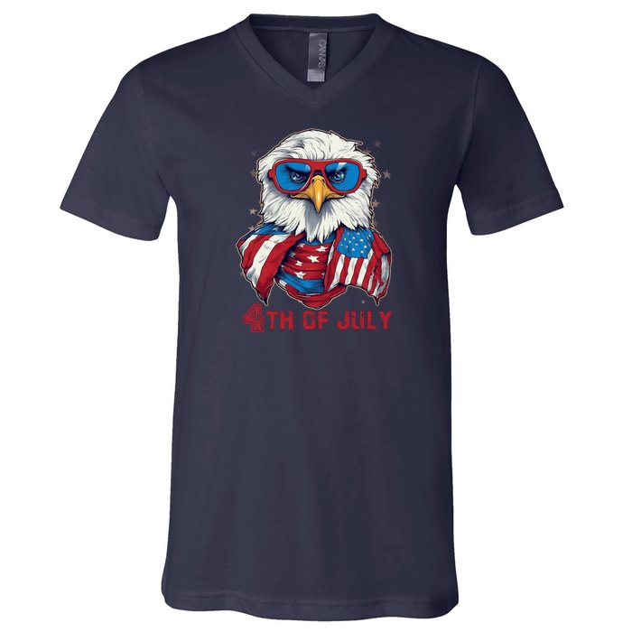 4th Of July Bald Eagle With American Flag V-Neck T-Shirt