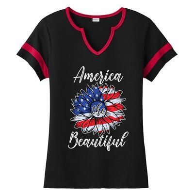 4th Of July Sunflower Flag America Beautiful Stars Stripes Great Gift Ladies Halftime Notch Neck Tee