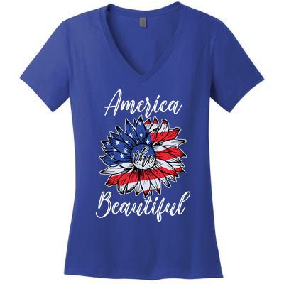 4th Of July Sunflower Flag America Beautiful Stars Stripes Great Gift Women's V-Neck T-Shirt