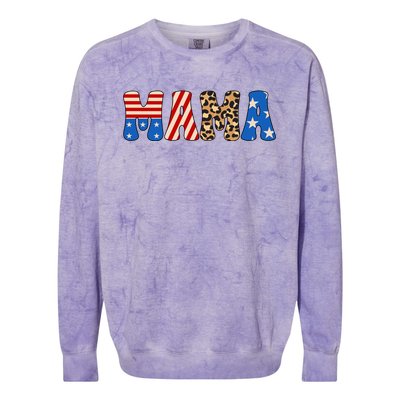 4th Of July American Mama Leopard American Flag American Mom Funny Gift Colorblast Crewneck Sweatshirt