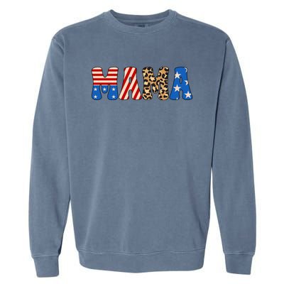 4th Of July American Mama Leopard American Flag American Mom Funny Gift Garment-Dyed Sweatshirt