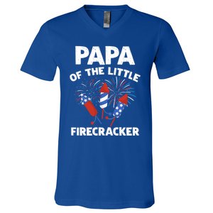 4th Of July Birthday Papa Of The Little Firecracker Funny Gift V-Neck T-Shirt