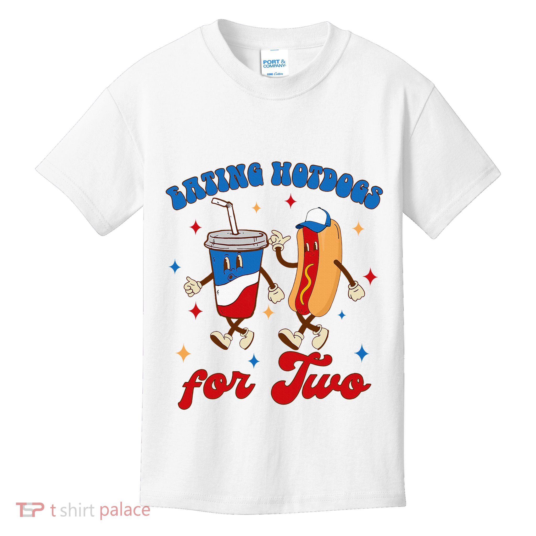 4th Of July Pregnancy Announcement Eating Hotdogs For Two Kids T-Shirt