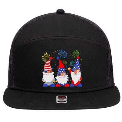 4th of July Gnomes Patriotic American Flag Cute Gnome 7 Panel Mesh Trucker Snapback Hat