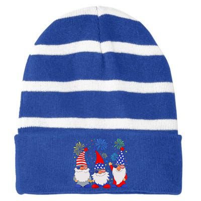 4th of July Gnomes Patriotic American Flag Cute Gnome Striped Beanie with Solid Band