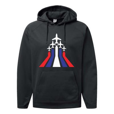 4th Of July Airplane Jet American Flag Red White Blue In Sky Performance Fleece Hoodie