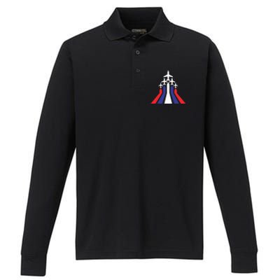 4th Of July Airplane Jet American Flag Red White Blue In Sky Performance Long Sleeve Polo