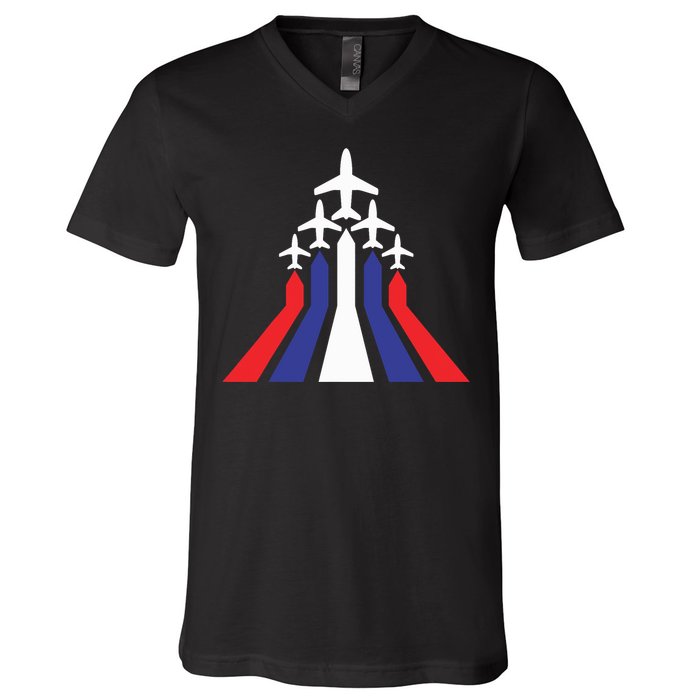 4th Of July Airplane Jet American Flag Red White Blue In Sky V-Neck T-Shirt