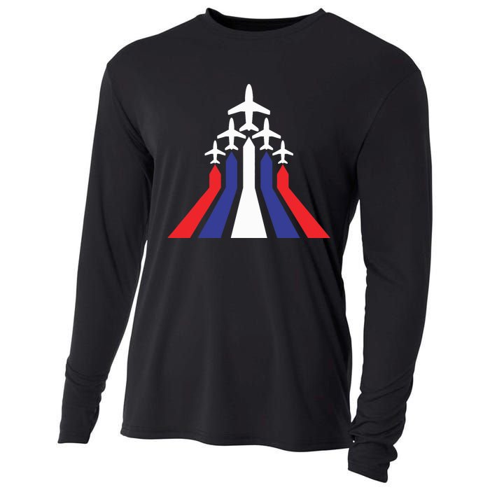 4th Of July Airplane Jet American Flag Red White Blue In Sky Cooling Performance Long Sleeve Crew