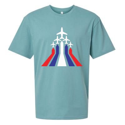 4th Of July Airplane Jet American Flag Red White Blue In Sky Sueded Cloud Jersey T-Shirt