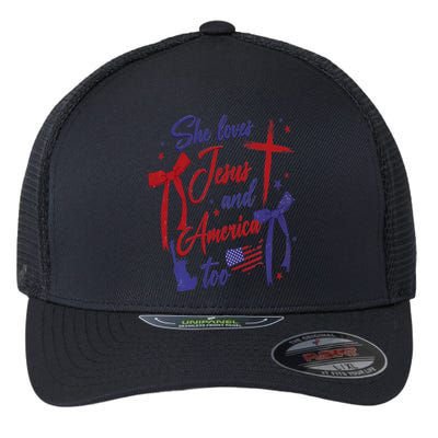 4th Of July She Loves Jesus And America Too Christian Faith Flexfit Unipanel Trucker Cap