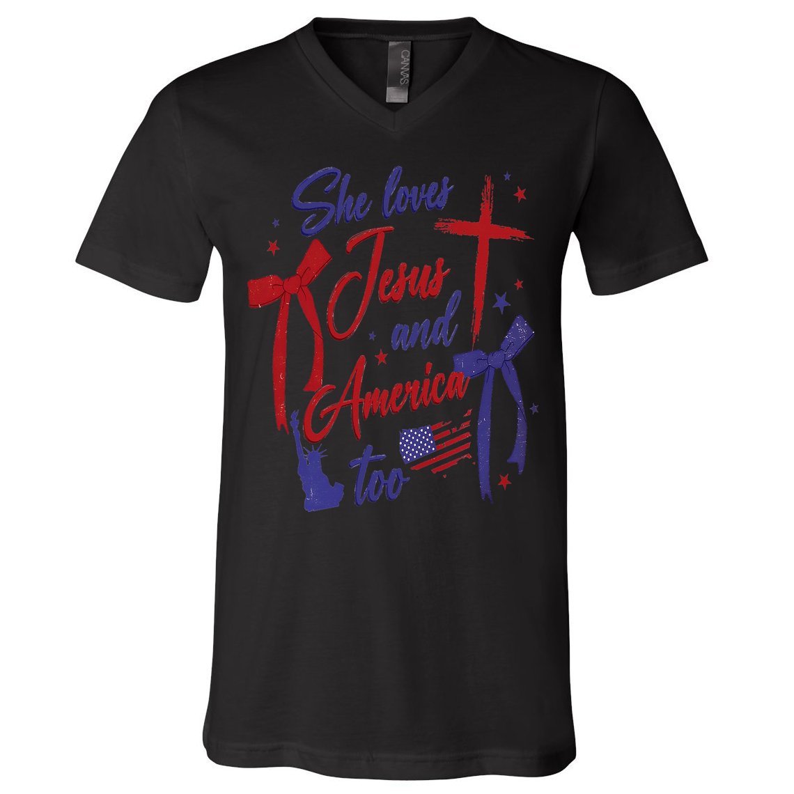 4th Of July She Loves Jesus And America Too Christian Faith V-Neck T-Shirt