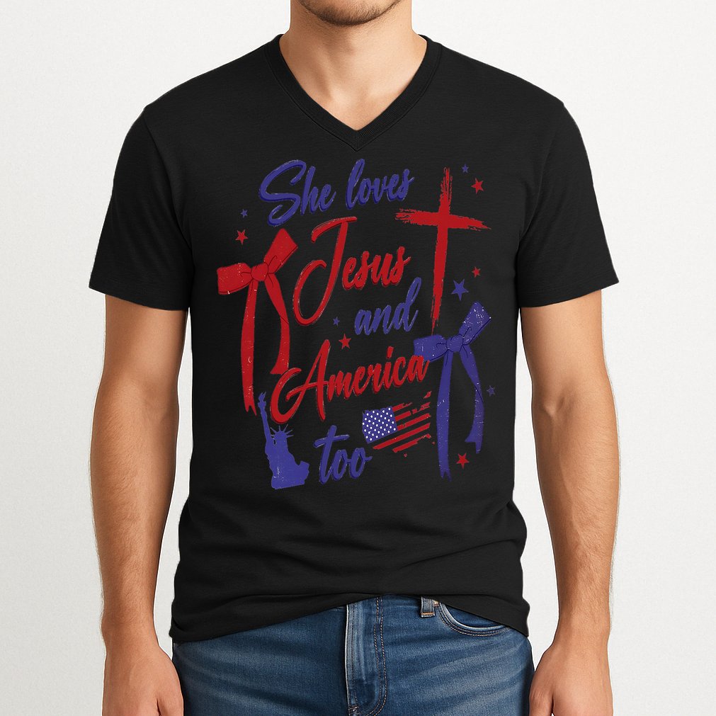 4th Of July She Loves Jesus And America Too Christian Faith V-Neck T-Shirt