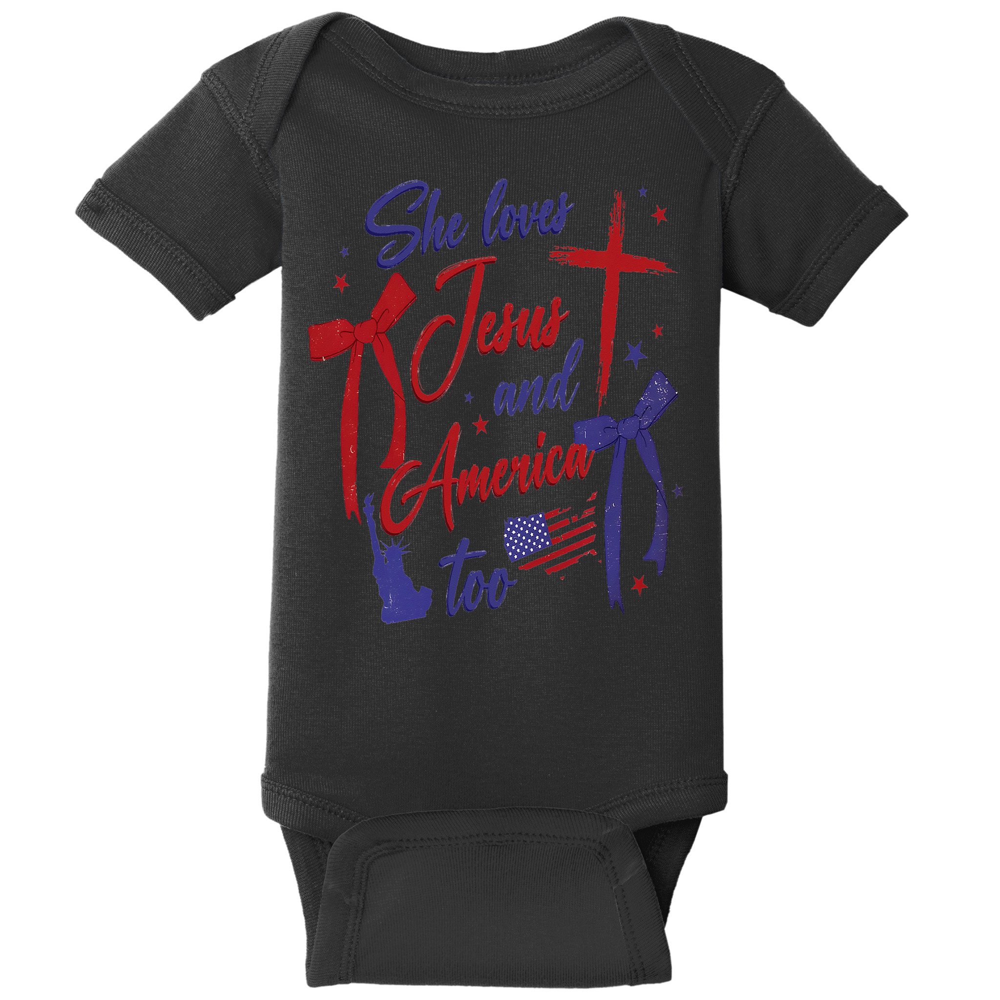 4th Of July She Loves Jesus And America Too Christian Faith Baby Bodysuit