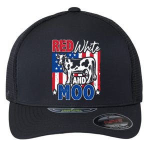 4th Of July Us Flag Red White Moo Farmer Cow Meaningful Gift Flexfit Unipanel Trucker Cap