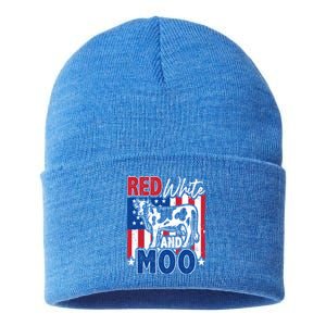 4th Of July Us Flag Red White Moo Farmer Cow Meaningful Gift Sustainable Knit Beanie