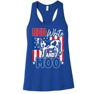 4th Of July Us Flag Red White Moo Farmer Cow Meaningful Gift Women's Racerback Tank