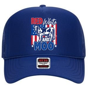 4th Of July Us Flag Red White Moo Farmer Cow Meaningful Gift High Crown Mesh Back Trucker Hat