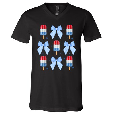 4th Of July Cute Popsicle Bows Patriotic V-Neck T-Shirt