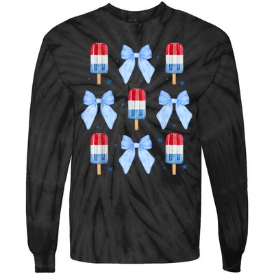 4th Of July Cute Popsicle Bows Patriotic Tie-Dye Long Sleeve Shirt