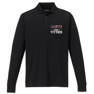 4th Of July Merica And Titties For Adults Performance Long Sleeve Polo