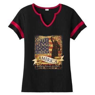 4th Of July America Sweet Land Of Liberty Patriotic Usa Flag Ladies Halftime Notch Neck Tee